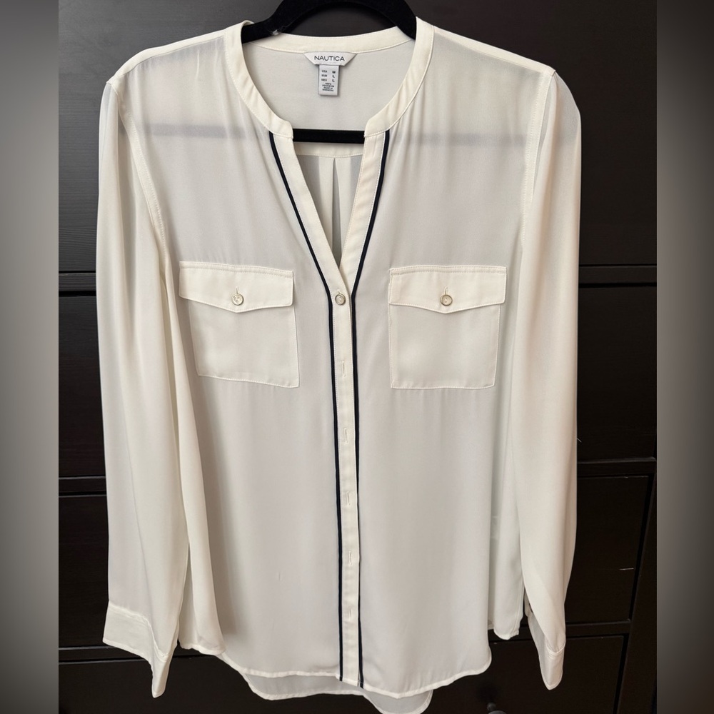 Nautica Cream Blouse with Navy Accents